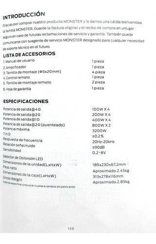 Amplificador Clase D 4 Canales 1600w Rms 1o Monster Aal400.4