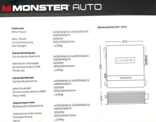 Amplificador Clase D 1canal Monster Aal6000.1 1200watts Negro