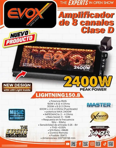 Amplificador 8 Canales Clase D Evox Lightning150.8 Led Negro