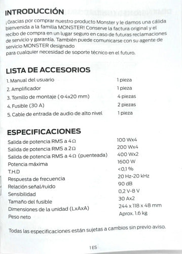 Amplificador 4canales Clase D 800w Rms 2ohm Monster Aac100.4