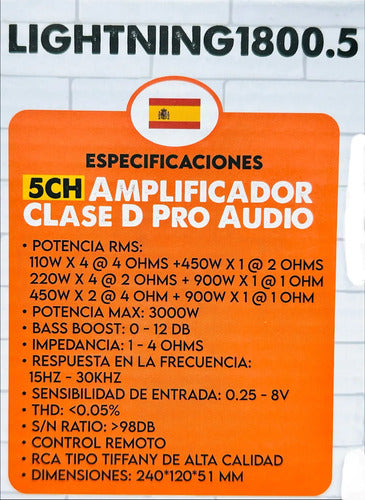 Amplificador 5 Canales 110wx4 Led Negro Evox Lightning1800.5