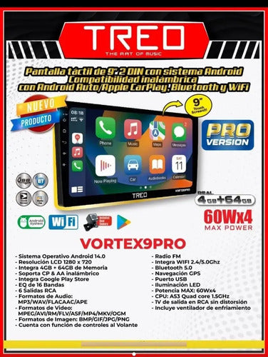 Estereo 2 Din Con Pantalla De 9 Pulgadas Wifi Vortex9 Treo Color Negro