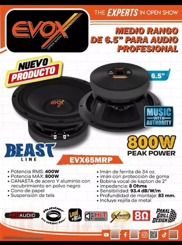 2 Medios Rango Pro 6.5' 400w Rms 800 Max 8 Ohm Evox Evx65mrp