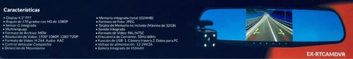 Retrovisor Pantalla 4.3 Dvr Y 2 Cámaras Extreme Ex-rtcamdvr
