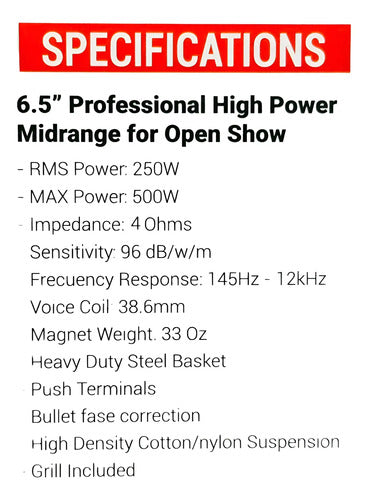 Medio Rango 6.5'' 250w Rms 500 Max 4ohm Rockseries Rks-65pa4