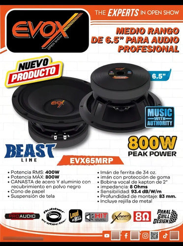 2 Medios Rango Pro 6.5' 400w Rms 800 Max 8 Ohm Evox Evx65mrp