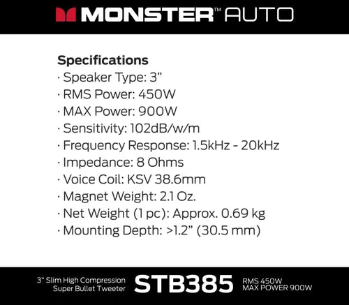 2 Tweeter Slim Bala De 3'' 450w. Rms 8 Ohms Monster Stb385