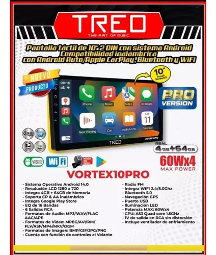 Estereo Pantalla De 10'' 2 Din Wifi Carplay Treo Vortex10pro