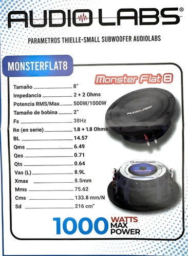 2 Subwoofer Plano 8'' 500 Rms 2+2 Ohm Audiolabs Monsterflat8
