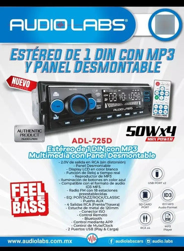 Autoestereo Bluetooth Audiolabs Adl-725d Usb Sd Fm 50wx4ch