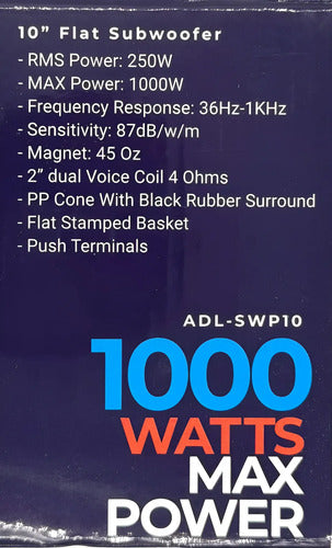 Subwoofer Plano 10'' 1000w. Max 4+4 Ohms Audiolabs Adl-swp10