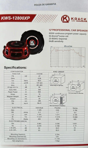 2 Subwoofer Plano De 12´´ 300w Rms 4+4 Ohm Krack Kws-12800xp