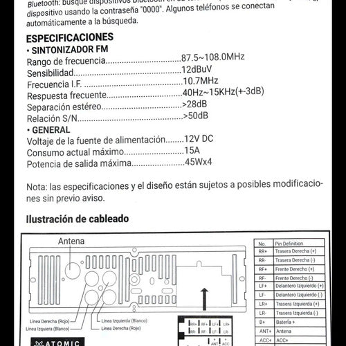 Estéreo 1 Din 2 Usb Mp3 4 Rca Bt Atomic Neon150