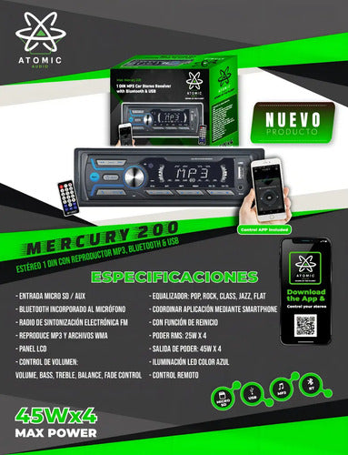 Autoestereo Bluetooth Atomic Mercury200 Usb Sd Fm App 180w