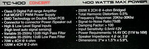 Mini Amplificador De 4 Canales Del Tamaño De Un Billete Clase D Rango Completo 400 Watts T