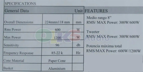 Un Medio Rango Con Driver De 8 Pulgadas De 600 Watts Rms 1200 Watts Max. Marca: Audiolabs