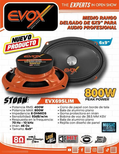 Medio Rango 6x9puLG Evox Evx69slim 800 Watts Linea Slim Color Negro