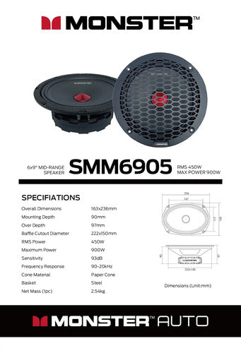 Par De Medios Rangos De 6x9 450w. Rms 8 Ohms Monster Smm6905