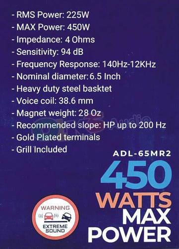 Medio Rango 6.5 Pulgadas Audio Labs Adl-65mr2 450 Watts Max Color Negro