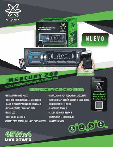 Autoestereo Bluetooth Atomic Mercury200 Usb Sd Fm App 180w