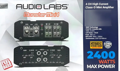 Amplificador Audio Labs Monster Mini4 2400w Max 4 Ch Clase D Color Plateado