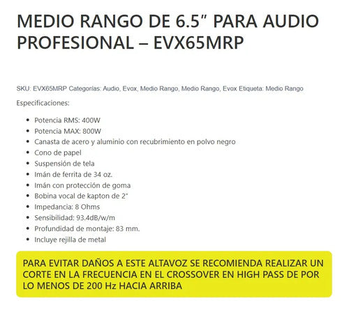 2 Medios Rango Pro 6.5' 400w Rms 800 Max 8 Ohm Evox Evx65mrp
