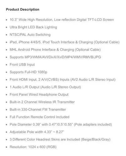 Una Cabecera Con Pantalla Led Full Hd De 10.3 Pulgadas Con Usb Hdmi Mhl Negro Beige Gris M