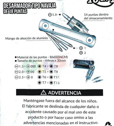 Desarmador Bolsillo Tipo Navaja 18 En 1 Easytool Et-dsa18n1