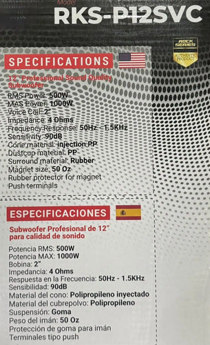 2 Subwoofers De 12'' 500w Rms 1 Bobina Rockseries Rks-p12svc