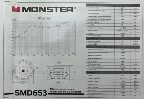 Par Medio Rango + Driver 6.5  650w Rms 8 Ohm Monster Smd653