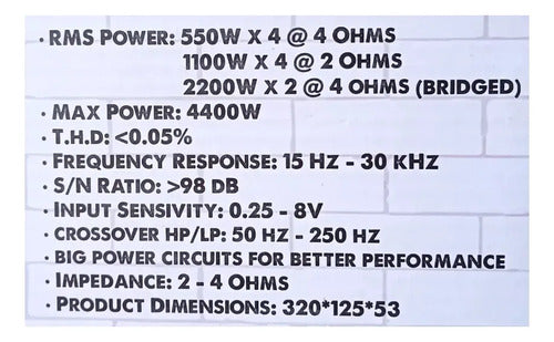 Amplificador De 4 Canales Clase D 4400w. Rms Evox Evx550.4d