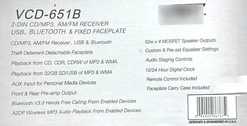 Autoestéreo Doble Din Bluetooth Usb Sd Aux Vst Vcd-651b Control Negro
