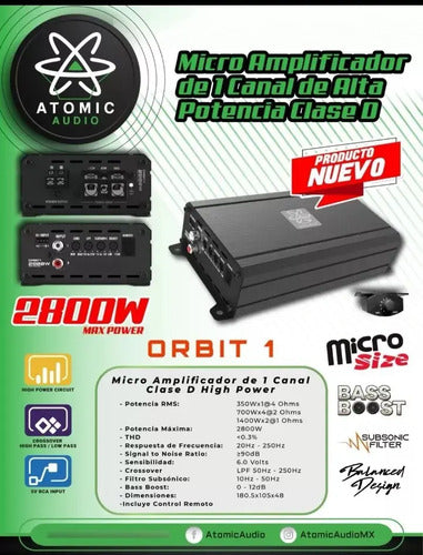 Amplificador Clase D Mini Atomic Orbit1 2800w 1ch Control Color Negro