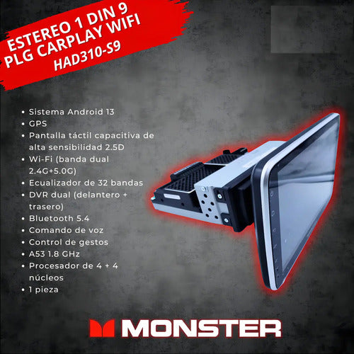 Estereo 1 Din Pantalla 9' Gps Wifi Carplay Monster Had310-s9