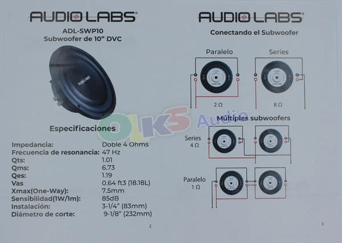 Subwoofer Plano 10'' 1000w. Max 4+4 Ohms Audiolabs Adl-swp10