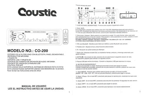 Autoestereo Caratula Desmonta Bt App 2-usb Sd Coustic Co-200