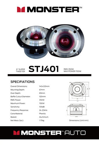 Par Tweeter Driver Spl De 6'' 350w Rms 8 Ohm Monster Stj401