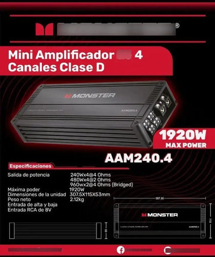 Amplificador 4 Canales X Voz Bajo 1920w Rms Monster Aam240.4