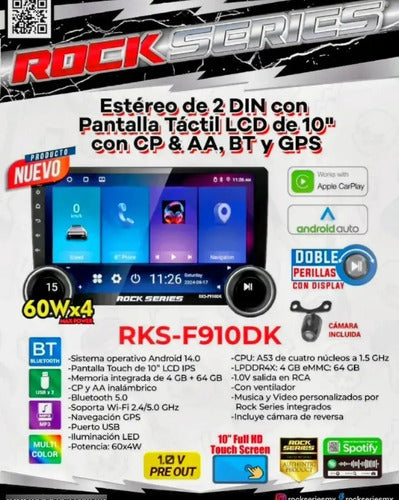 Estereo 10'' Carplay Aa Gps Wifi 4+64g Rockseries Rks-f910dk