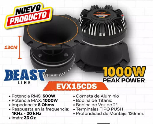 2 Tweeter Bala 6pLG 500w Rms Bobina De Titanio Evox Evx15cds Color Negro