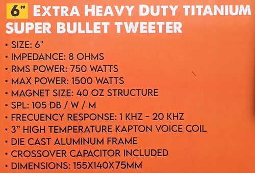 2 Super Tweeter Bala De 6'' Titanio 750w Rms Evox Evx6master