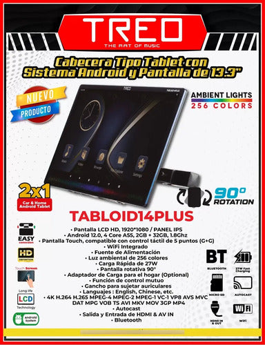 Pantalla X Cabecera Hd 13.3' Android Wifi Treo Tabloid14plus