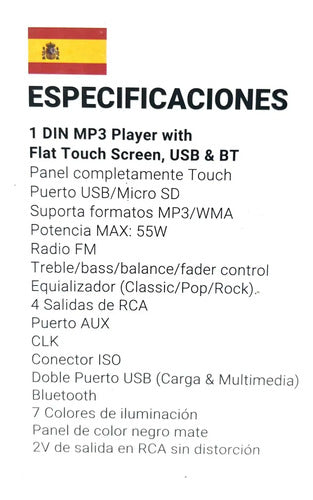 Estéreo 1 Din Pantalla Táctil Rgb Usb Bt Mp3 Treo Treof1ts