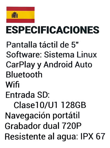 Dvr Pantalla 5'' Para Moto 2 Cámaras Cp Aa Wifi, Tr-mt5cpdvr