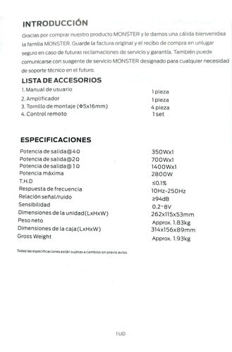 Amplificador Mono 1 Canal 1400w. Rms 1 Ohm Monster Aam1400.1