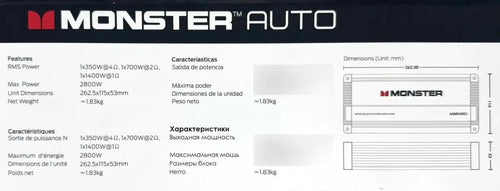 Amplificador Mono 1 Canal 1400w. Rms 1 Ohm Monster Aam1400.1