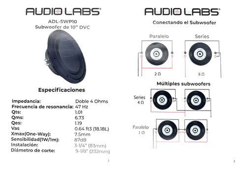 Subwoofer Plano 10'' 1000w. Max 4+4 Ohms Audiolabs Adl-swp10