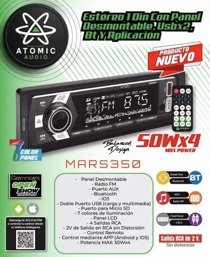 Autoestereo Bt 2usb App Control 7colores 4rca Atomic Mars350