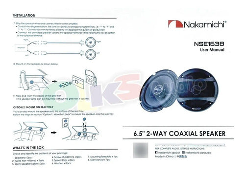 Par Bocinas 6.5  2 Vías 260W 40W RMS Nakamichi NSE1638 Auto Negro