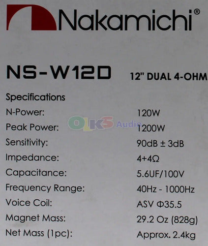 Subwoofer 12 Pulgada Nakamichi Nsw12d 1200w Máx Doble Bobina Color Negro